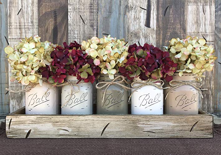 Mason Canning JARS in Wood ANTIQUE WHITE Tray Centerpiece with 5 Ball Pint Jar -Kitchen Table Decor -Distressed -Flowers (Optional)- SAND, THISTLE, PEWTER, CREAM, COFFEE Painted Jars (Pictured)