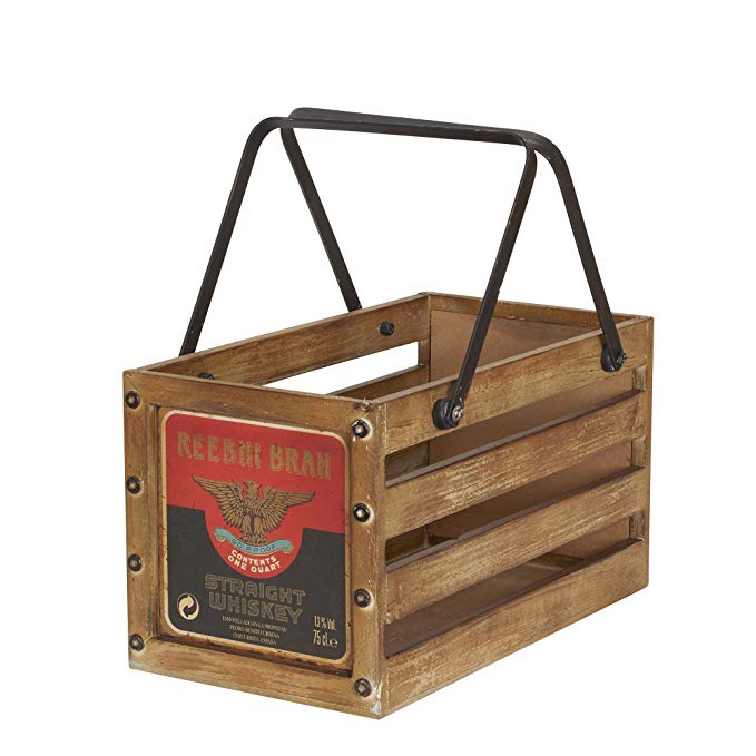 Household Essentials Whiskey Design Decorative Wood Crate for Storage, Small, Brown