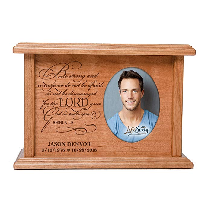 Cremation Urns for Human Ashes SMALL Memorial Keepsake box for cremains, personalized Urn for adults and children ashes Be strong and courageous...Joshua 1:9 SMALL portion of ashes holds 2x3 photo