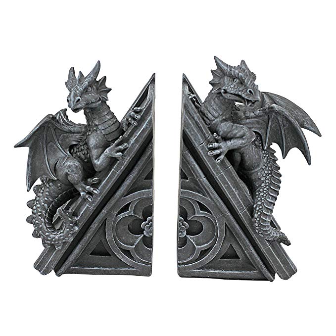 Design Toscano Castle Dragon Gothic Decor Decorative Bookend Statues, 8 Inch, Set of Two, Polyresin, Grey Stone