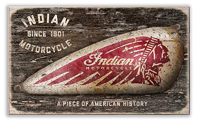 Indian Motorcycle Vintage Wood Sign with Stand-Off Domed Metal Gas Tank (Ready to Hang)