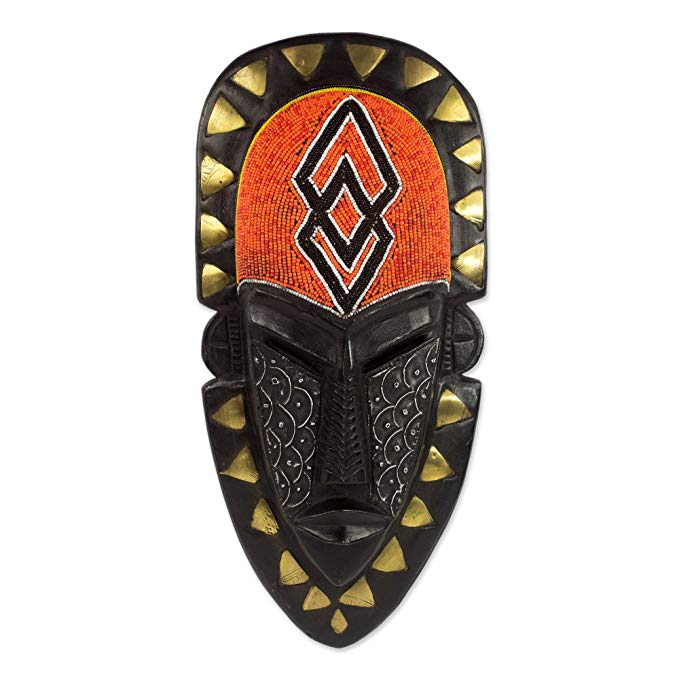 NOVICA Black and Orange African Sese Wood Wall Mask with Brass and Aluminum Accents, Fearless Warrior'