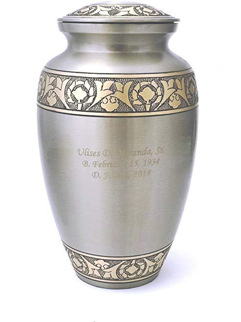 NWA Customized Platinum and Gold Funeral Cremation Urn, Adult Size With Personalization