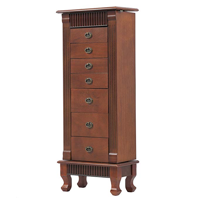 BestMassage Jewelry Cabinet Jewelry Chest Jewelry Armoire Wood Jewelry Box Storage Stand Organizer Side Doors 7 Drawers Makeup Mirror