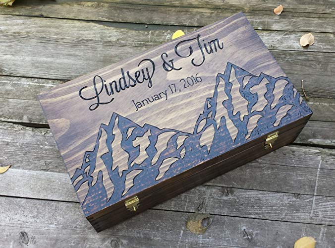 Mountain themed personalized and custom double wedding wine box for two bottles. Love letter ceremony time capsule