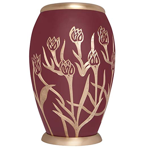 Maroon funeral urn with gold tulips - Red cremation urn for human ashes - Brass Metal - Suitable for cemetery burial or niche - Large Size fits remains of adults up to 200 lbs - Pastoral Model