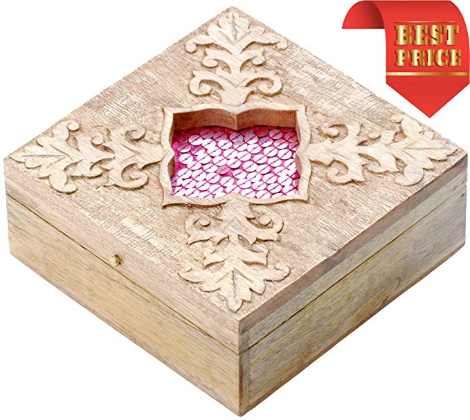 SouvNear 6'' Unfinished Handmade Wooden Jewelry Box - Brown Keepsake Box With Intricate Floral Carvings - Personal Storage Treasure Chest – Home Decorative Dressing Table Accessory - Living room Decor