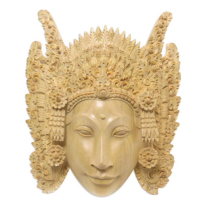 NOVICA Decorative Crocodile Wood Mask, Beige 'Balinese Mother Earth'