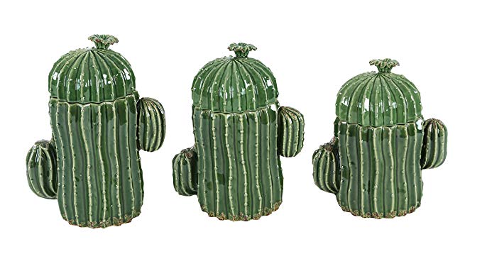 Deco 79 56765 Large Ceramic Green Cactus Pottery Decorative Jars with Lids Gift Set, Unique Gift Ideas, Southwest Decor, Set of 3: 9”, 10”, 11”