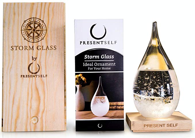 Present Self Large Storm Glass Weather Forecaster - Dazzling Decorative Centerpiece and Pseudo Barometer in Gorgeous Wooden Box | Great Birthday Gift, Cool Gadget, Unique Office Home Decor