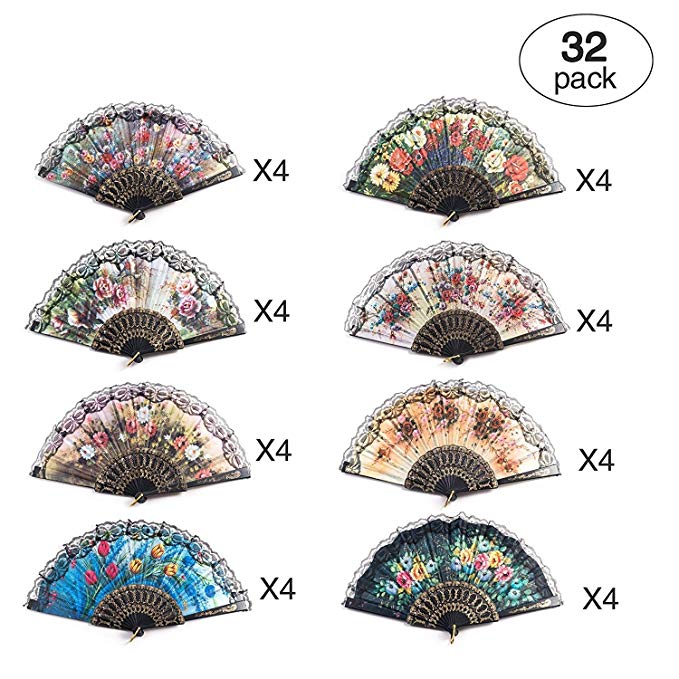 32 Pack Spanish Floral Folding Hand Fan Women Vintage Retro Pattern Fabric Fans （8 different patterns）