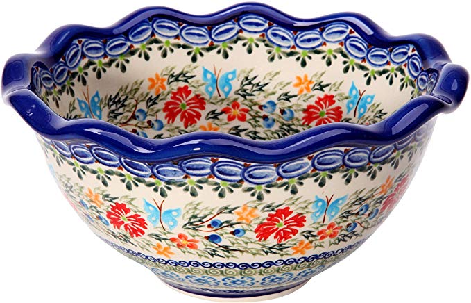 Polish Pottery Ceramika Boleslawiec Bowl Fala Cups, Small, Royal Blue Patterns with Red Cornflower and Blue Butterflies Motif, 5-3/4-Inch