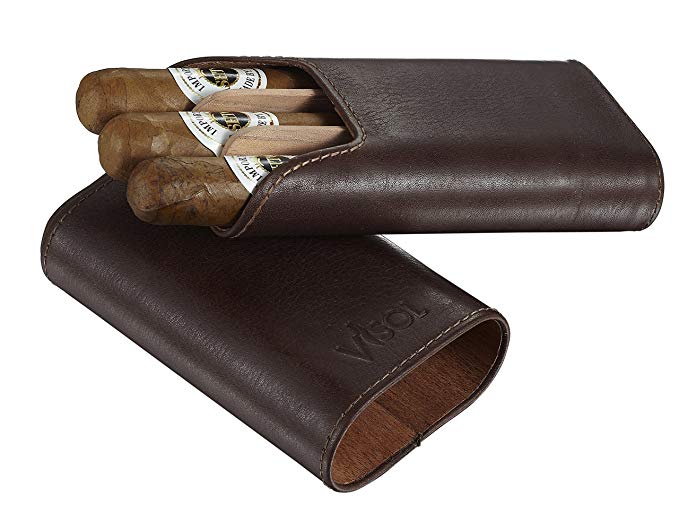 Visol Cuero Top Grain Brown Leather 3-Finger Cigar Case with Cedar Lining