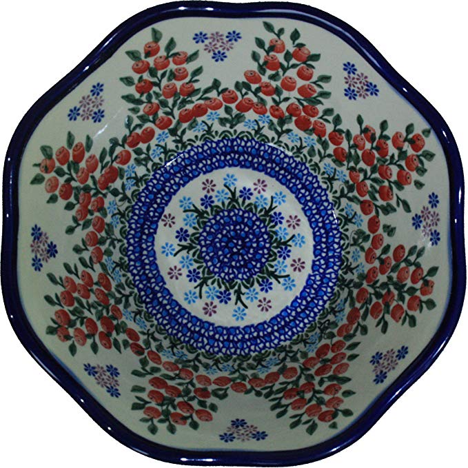 Polish Pottery Ceramika Boleslawiec 0424/282 Royal Blue Patterns 6-1/2-Cup Viki Bowl, Red Berries and Daisies