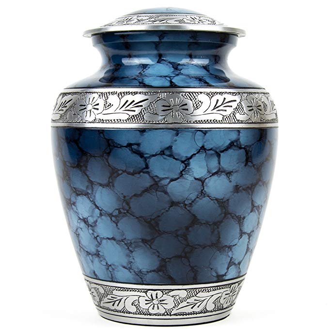 Thinking of You Urns Blue and Silver Memorial Cremation Urn for Human Ashes, Handcrafted Adult Funeral Urn