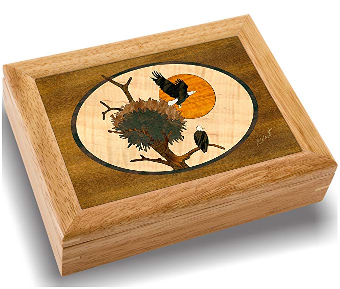 MarqART Wood Eagle Nest Box - Handmade USA - Unmatched Quality - Unique, No Two are The Same - Original Work of Wood Art. A Eagle Gift, Ring, Trinket or Wood Jewelry Box (#2103 Eagle's Nest 6x8x2)