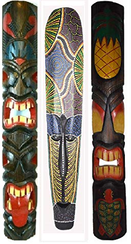 40 IN HAND CARVED BEAUTIFUL SET OF 3 POLYNESIAN TIKI GOD TRIBAL MASKS TONGUE TWO FACE TEETH