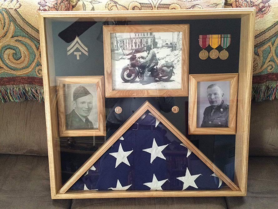 5x9.5 Burial Flag Display Case, Military 5x9.5 Flag Display With Certificate/Picture Frames, Memorial Flag Display Case