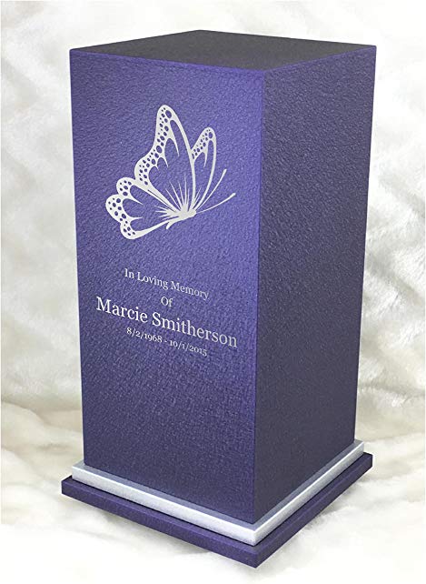 PERSONALIZED Engraved Butterfly Cremation Urn for Human Ashes-Made in America-Handcrafted in the USA by Amaranthine Urns (Adult Funeral Urn up to 200 lbs living weight) Eaton SE- (Purple Velvet)