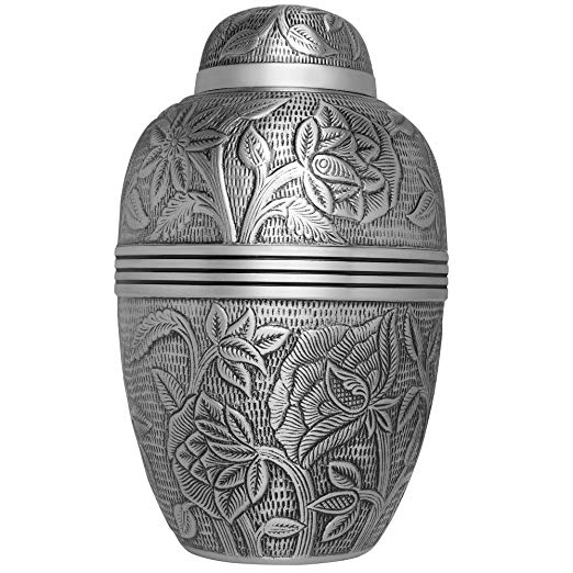 Silver Funeral Urn by Liliane Memorials - Cremation Urn for Human Ashes - Hand Made in Brass - Suitable for Cemetery Burial or Niche - Large Size fits remains of Adults up to 200 lbs - Argent Model