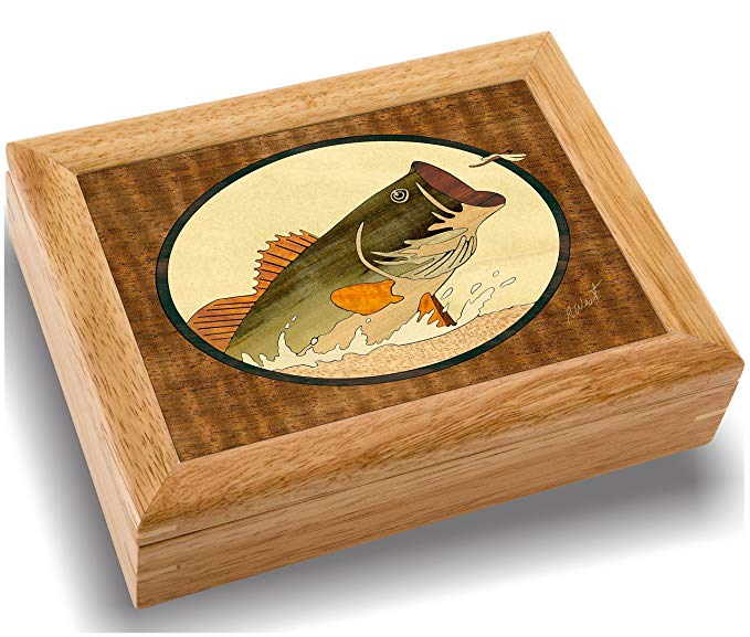Wood Art Bass Box - Handmade in USA - Unmatched Quality - Unique, No Two are the Same - Original Work of Wood Art. A Bass Gift, Ring, Trinket or Wood Jewelry Box (#2105 Bass and Dragonfly 6x8x2)