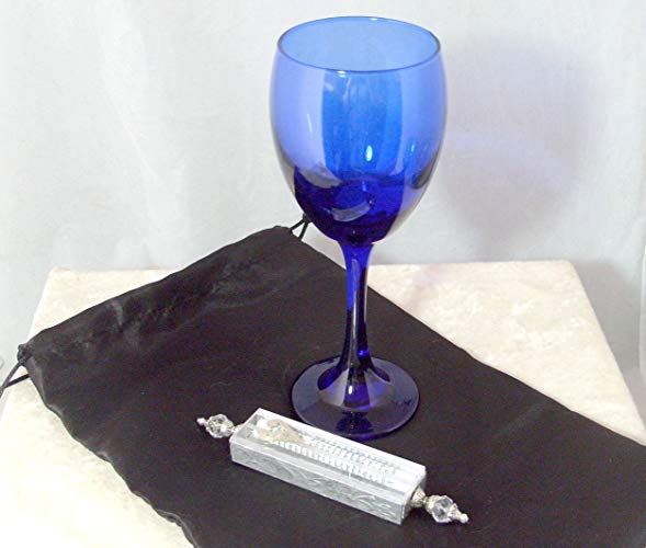 Jewish Wedding Glass Kit - Wine Glass, Satin Bag, Shards Mezuzah Case - Deep Sapphire