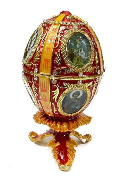 Catholic Red Faberge Egg Trinket Jewelry Box Holy Saints Rosary Relic Keepsake