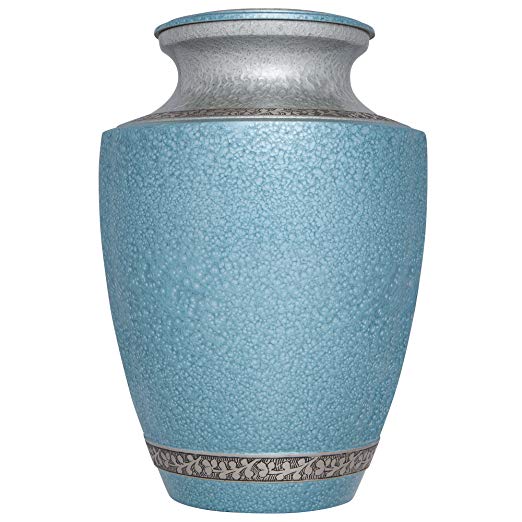 Funeral Urn by Liliane Memorials- Cremation Urn for Human Ashes - Hand Made in Brass -Suitable for Cemetery Burial or Niche - Large Size fits remains of Adults up to 200 lbs- Azure Model (Turquoise)
