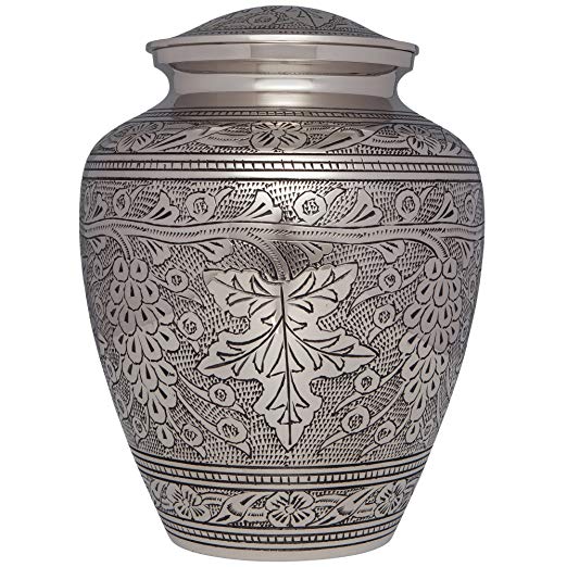 Silver Funeral Urn by Liliane Memorials- Cremation Urn for Human Ashes -Hand Made in Brass -Suitable for Cemetery Burial or Niche- Large Size fits remains of Adults up to 200 lbs- Bordeaux Model