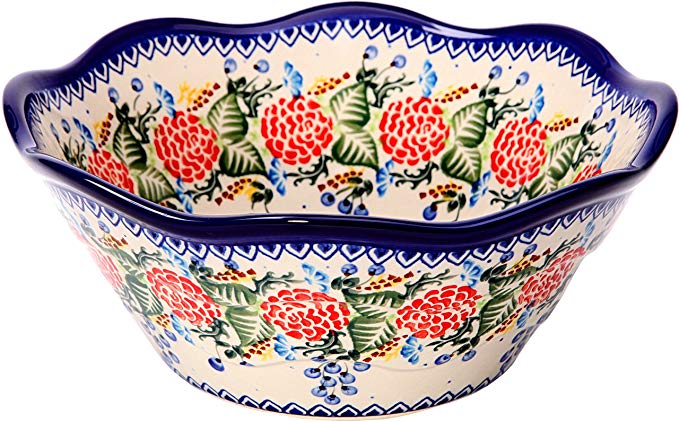 Polish Pottery Ceramika Boleslawiec 0424/280 Royal Blue Patterns with Red Rose Motif Bowl Viki 2, 6-1/2-Cup