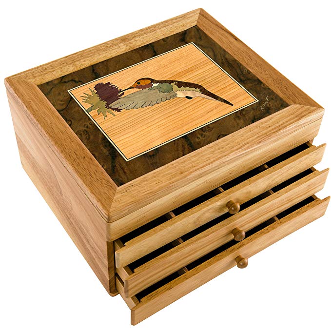 MarqART Hummingbird Wood Art Jewelry Box & Gift - Handmade USA - Unmatched Quality - Unique, No Two are The Same - Original Work of Wood Art (#7017 Hummingbird 3 Drawer)