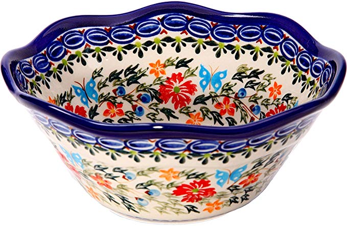 Polish Pottery Ceramika Boleslawiec, 0423/238, Bowl Viki 1, 3 1/4 Cups, Royal Blue Patterns with Red Cornflower and Blue Butterflies Motif