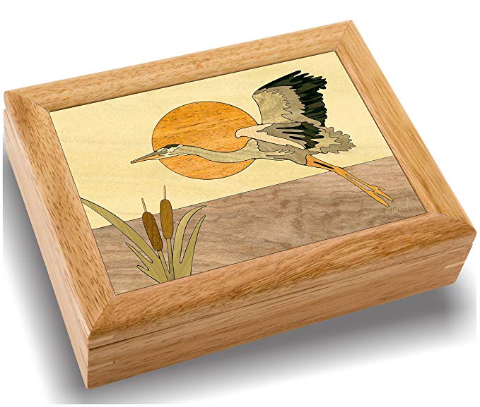 MarqART Wood Art Heron Box - Handmade USA - Unmatched Quality - Unique, No Two are The Same - Original Work of Wood Art. A Heron Gift, Ring, Trinket or Wood Jewelry Box (#2147 Heron Flying 6x8x2)