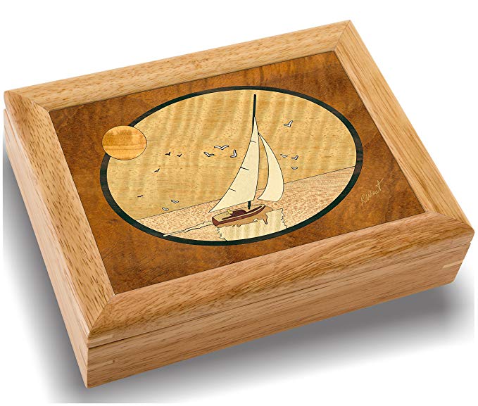 MarqART Wood Art Boat Box - Handmade in USA - Unmatched Quality - Unique, No Two are The Same - Original Work of Wood Art. A Sailboat Gift, Ring, Trinket or Wood Jewelry Box (#2104 Full Sail 6x8x2)