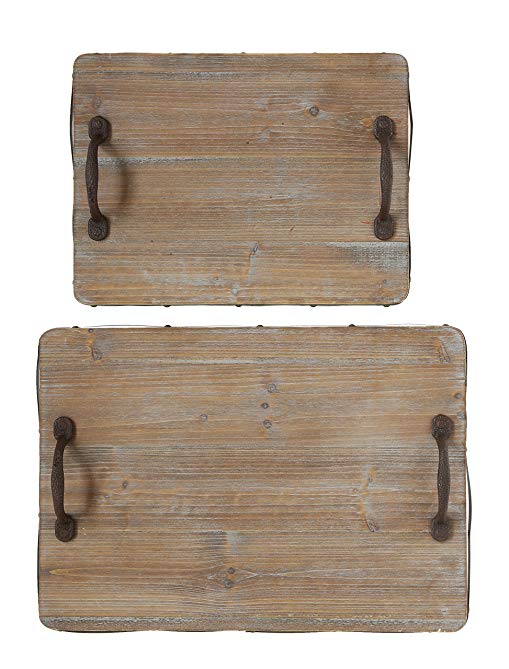 Creative Co-op DA7749 Set of 2 Decorative Wood Trays with Iron Handles