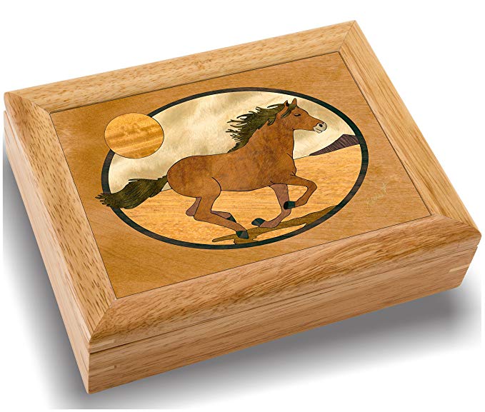 MarqART Horse Wood Art Trinket Jewelry Box & Gift - Handmade USA - Unmatched Quality - Unique, No Two are The Same - Original Work of Wood Art (#2119 Mustang 6x8x2)