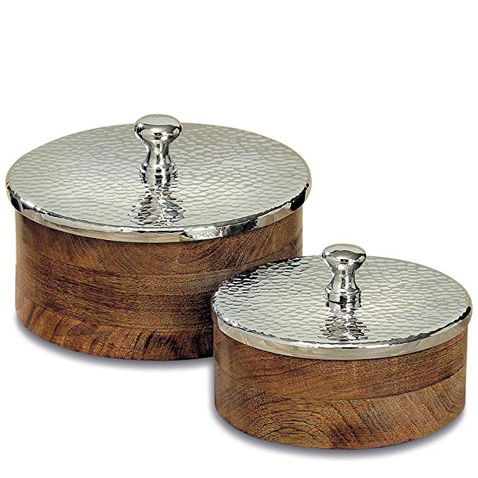 Whole House Worlds The Crosby Street Rustic Round Decorative Boxes, Set of 2, Artisan Crafted, Mango Wood with Hammered Silver Metal Lift Off Lids, Bottom Pads, 6 3/4 and 8 1/4 Diameter Inches, By