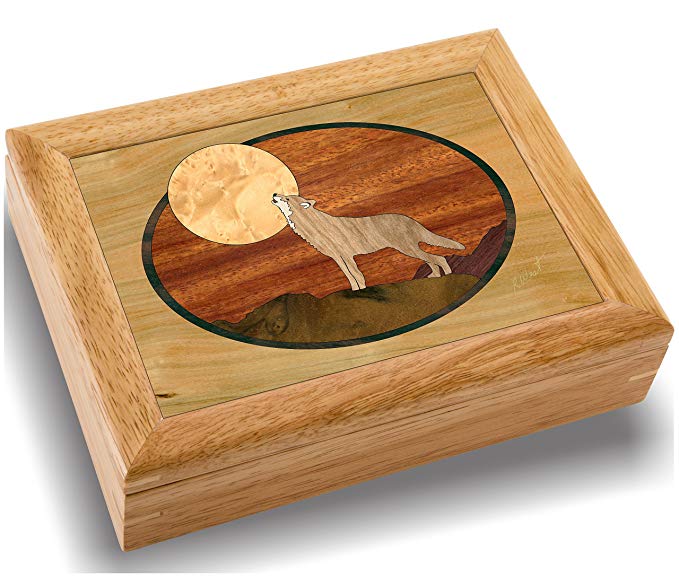 Wood Art Wolf Box - Handmade in USA - Unmatched Quality - Unique, No Two are the Same - Original Work of Wood Art. A Wolf Gift, Ring, Trinket or Wood Jewelry Box (#2117 Howling at the Moon 6x8x2)