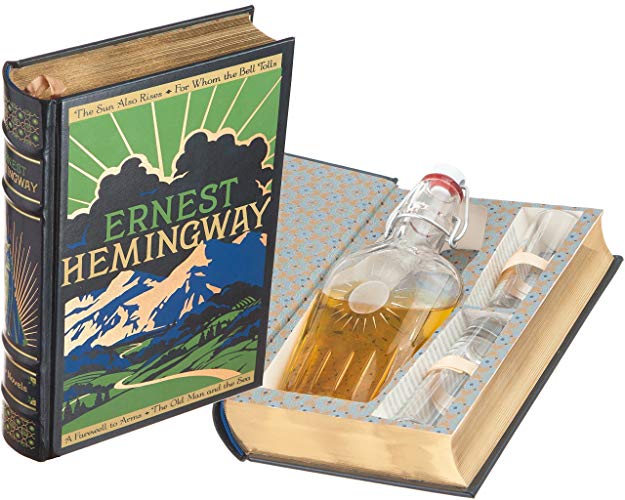 Mini-Bar Hollow Book with Flask & Shot Glasses - Ernest Hemingway (Leather-bound) (Magnetic Closure)