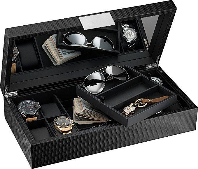 Glenor Co Watch and Sunglasses Box with Valet Tray for Men -14 Slot Luxury Display Case Organizer, Black Carbon Fiber Design for Mens Jewelry Watches, Men's Storage Holder w Large Mirror, Metal Buckle