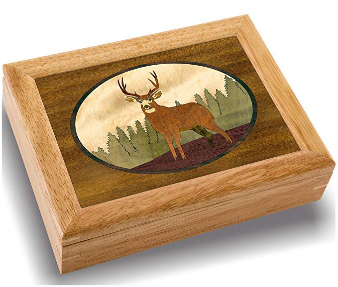 MarqART Deer Wood Art Trinket Jewelry Box & Gift - Handmade USA - Unmatched Quality - Unique, No Two are The Same - Original Work of Wood Art (#2127 Lone Buck 6x8x2)