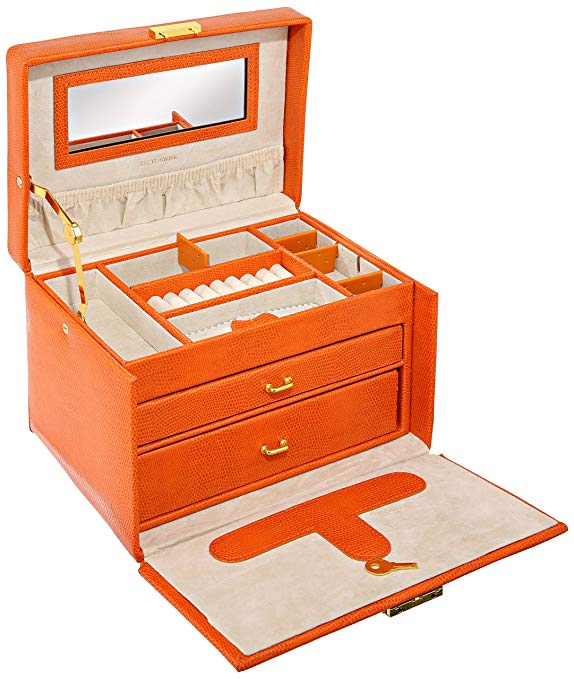 Paylak TS382OGE Orange Leather Large Lock Jewelry Box with Travel Case Tech Swiss