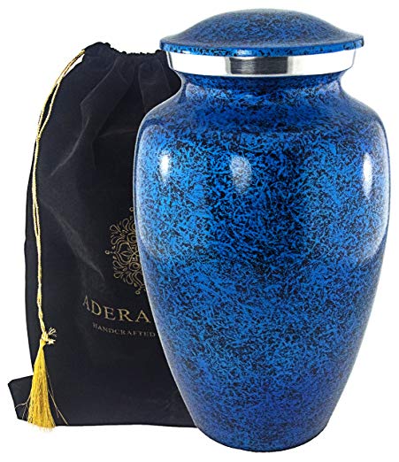 Adult Cremation Urn for Human Ashes by Adera Dreams – Blue Large Funeral Urn for Adult - With Velvet Carry Pouch - Handcrafted Full Size Burial Urn