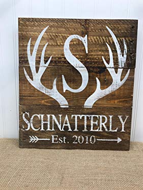 Personalized Antler Initial Family Name Pallet Sign Reclaimed Wood Home Decor 14x15