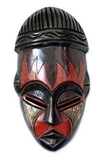 NOVICA Nigerian Red and Black Handcrafted African Rubberwood Mask with Brass Accents, Harvest Joy'