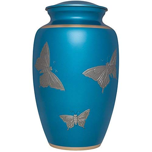 Liliane Memorials Sky Blue Funeral Cremation Urn with Silver Butterflies; Acuarela Model in Brass for Human Ashes; Suitable for Cemetery Burial; Large Size Fits Remains of Adults up to 200 lbs