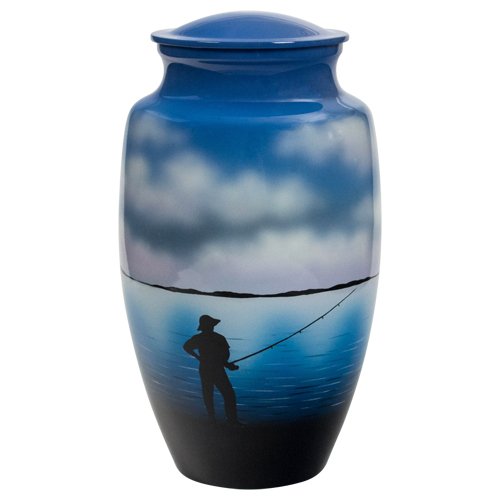 Silverlight Urns Fishing Cremation Urn, Honors a Fly Fisherman or Outdoorsman, Blue Metal, 10 Inches Tall