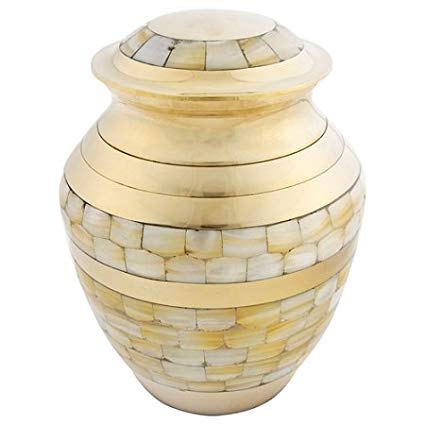 Silverlight Urns Mother of Pearl Double Band Medium Brass Urn, Small Adult or Child Sized Funeral Urn