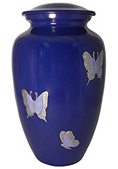 Liliane Memorials Blue Butterflies Funeral Cremation urn Violette Model in Aluminum for Human Ashes Suitable for Cemetery; fits Remains of Adults up to 200 lbs, Large