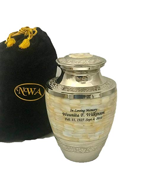 NWA Urn For Human Ashes, Adult Size Brass Mother Of Pearl Cremation Urn With Custom Personalized Engraving and Velvet Bag